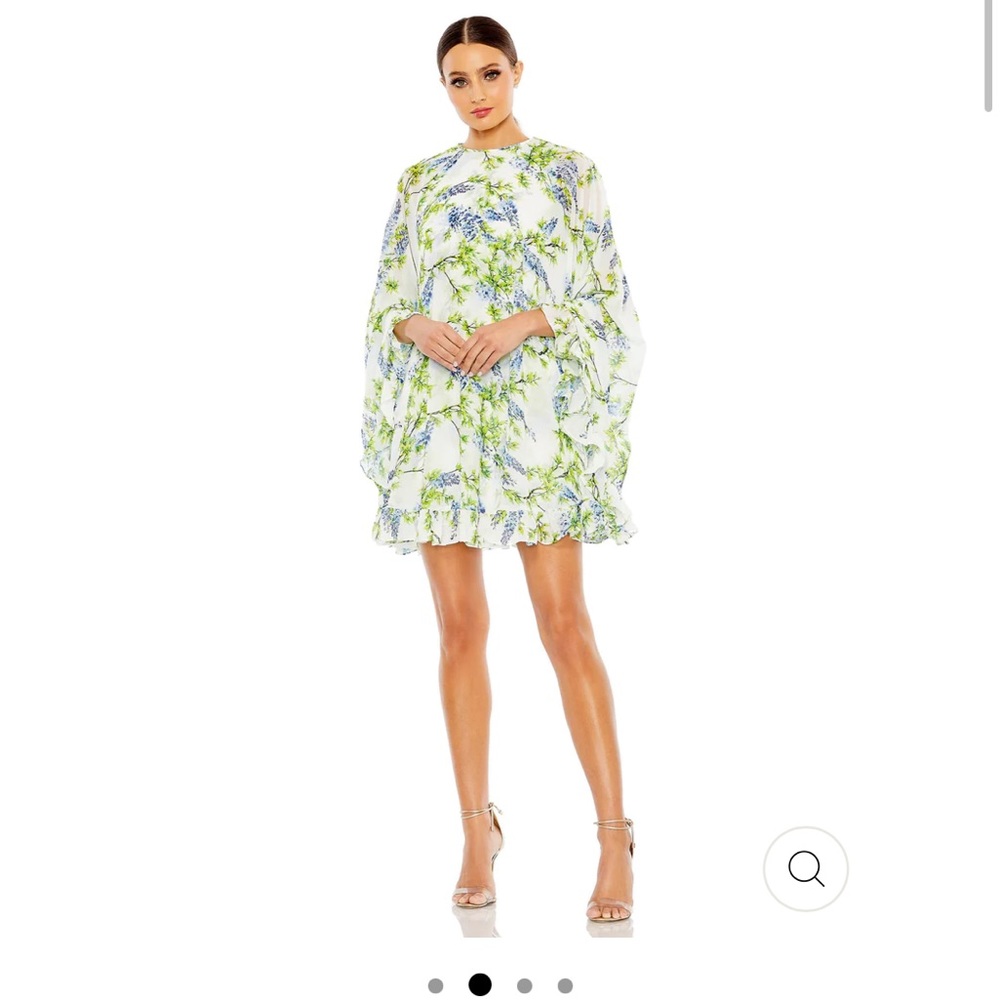 NWT - Mac Duggal FLORAL PRINT HIGH NECK RUFFLE HEM CAPE MINI DRESS